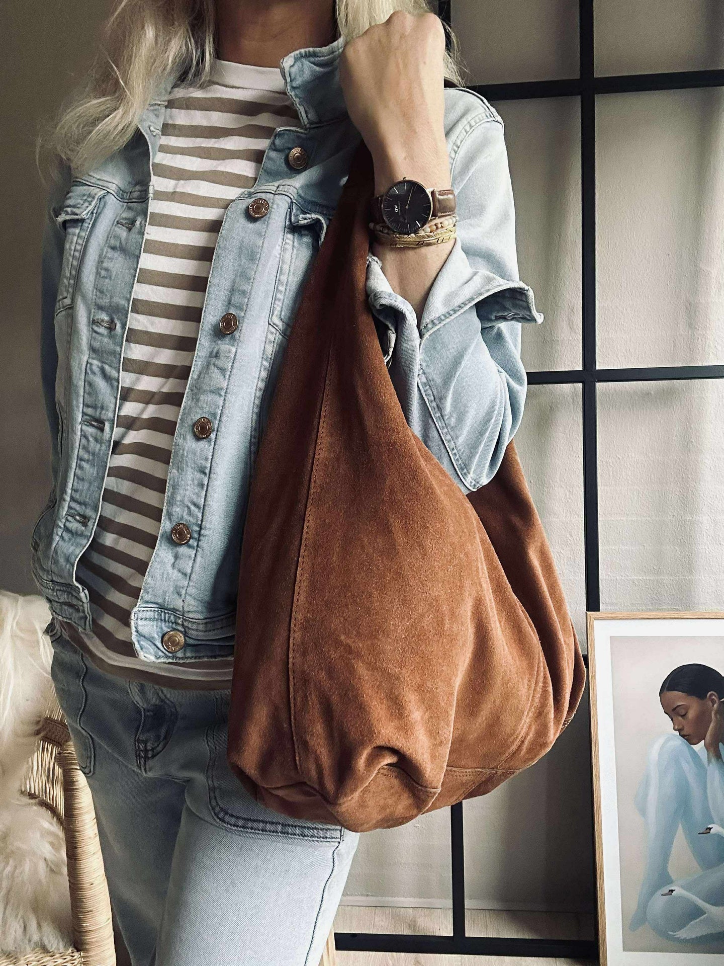 Shopper aus weichem Wildleder - Cognac