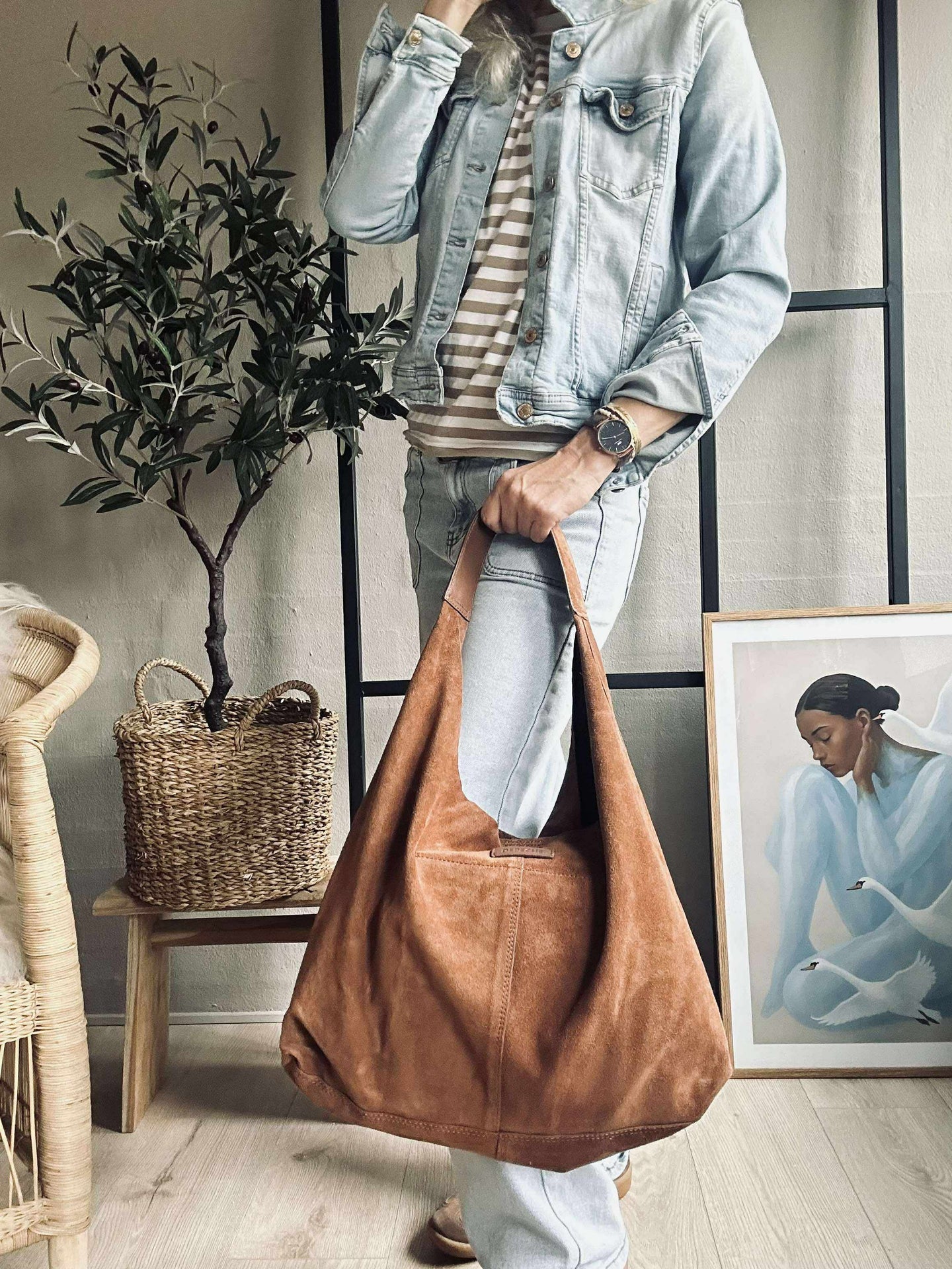 Shopper aus weichem Wildleder - Cognac