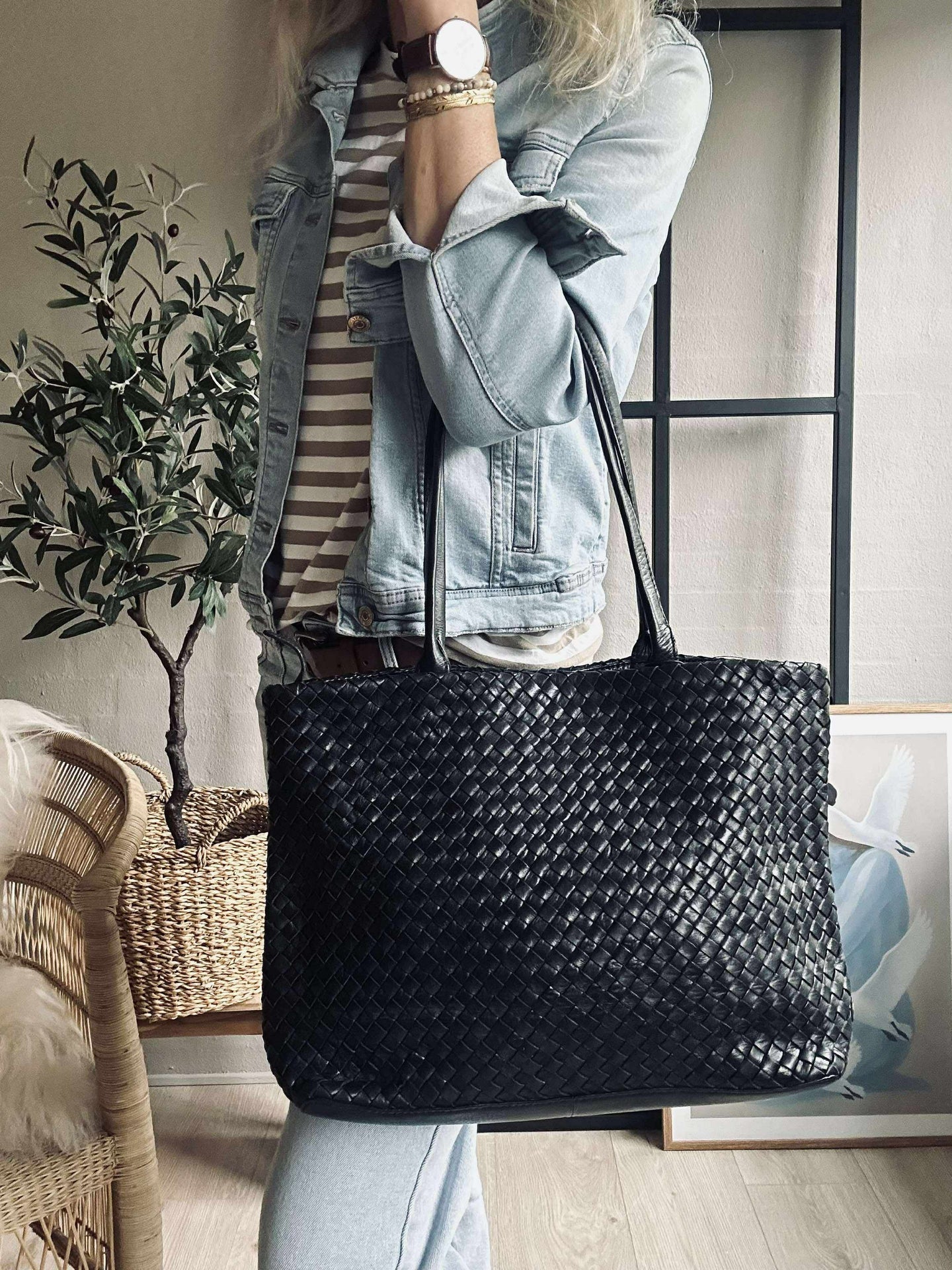 Shopper aus geflochtenem Leder - Black
