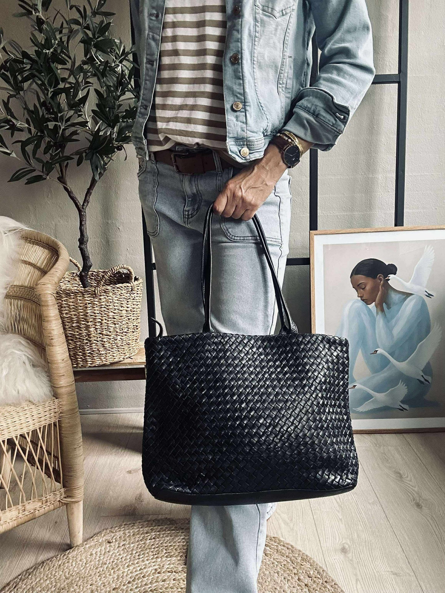 Shopper aus geflochtenem Leder - Black