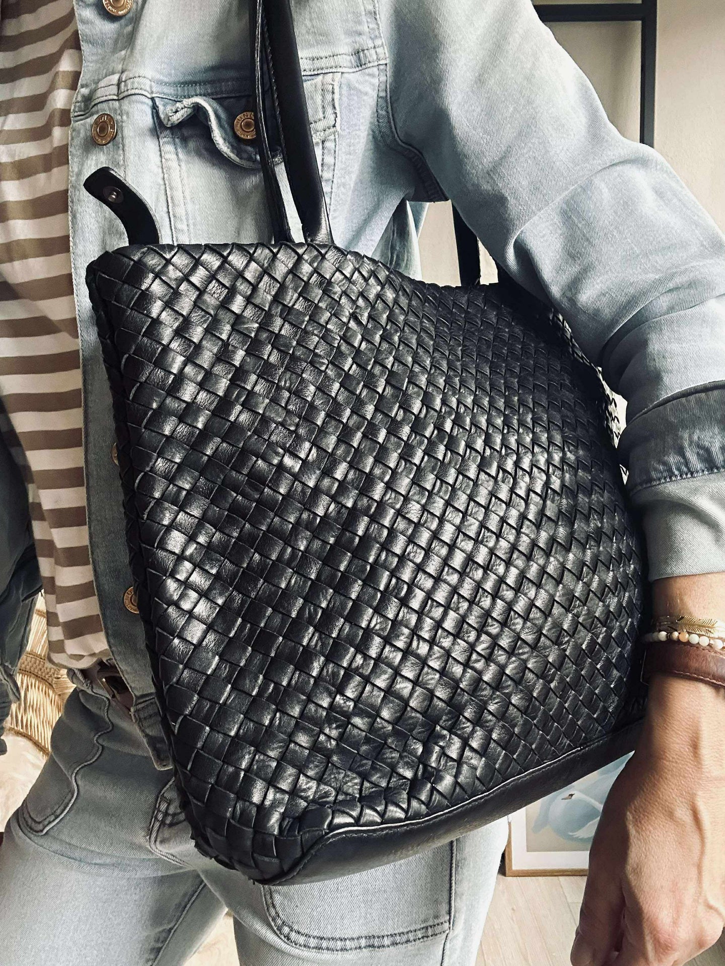 Shopper aus geflochtenem Leder - Black