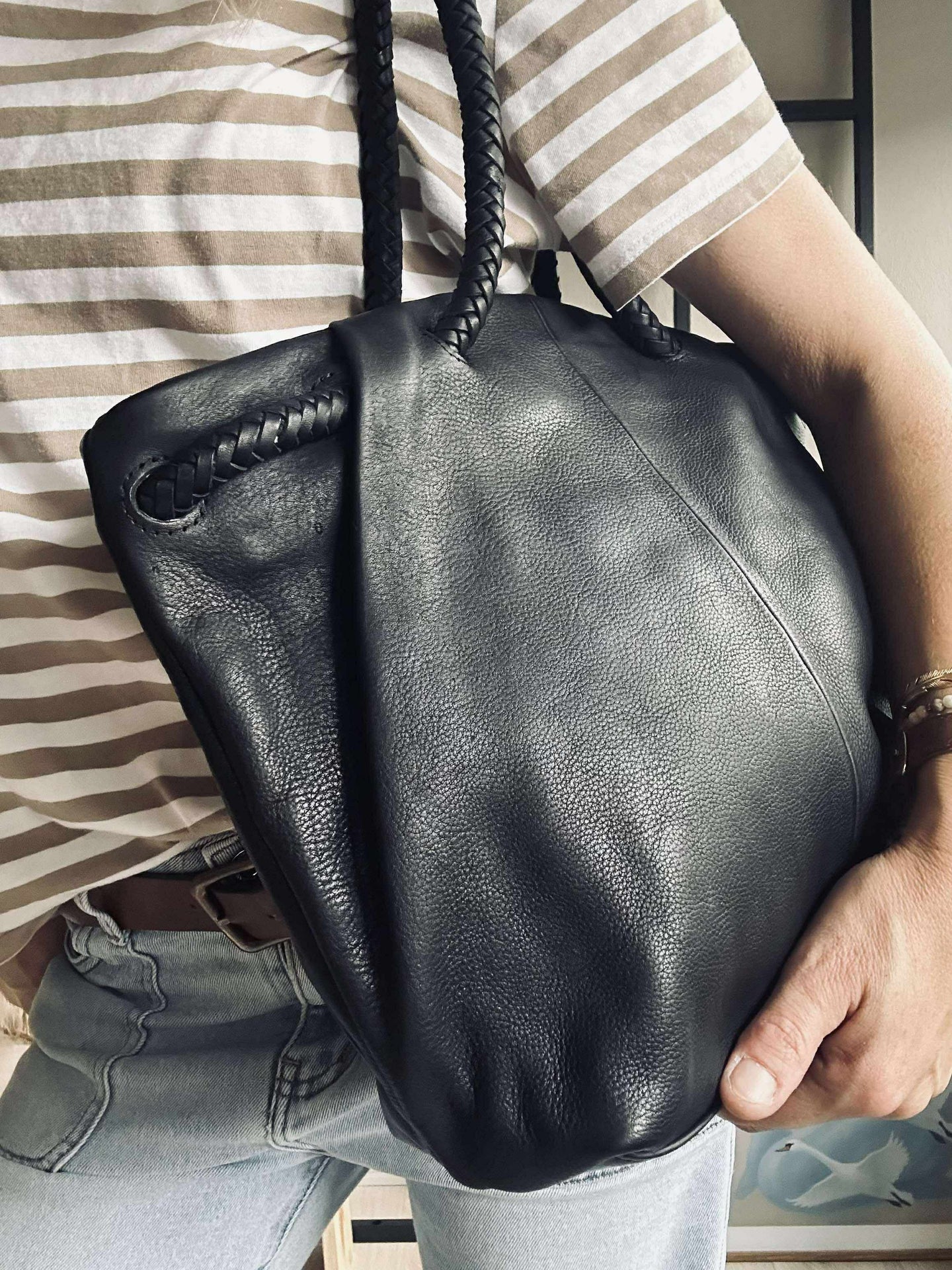 Schultertasche mit schönem Flechtgurt - Schwarz