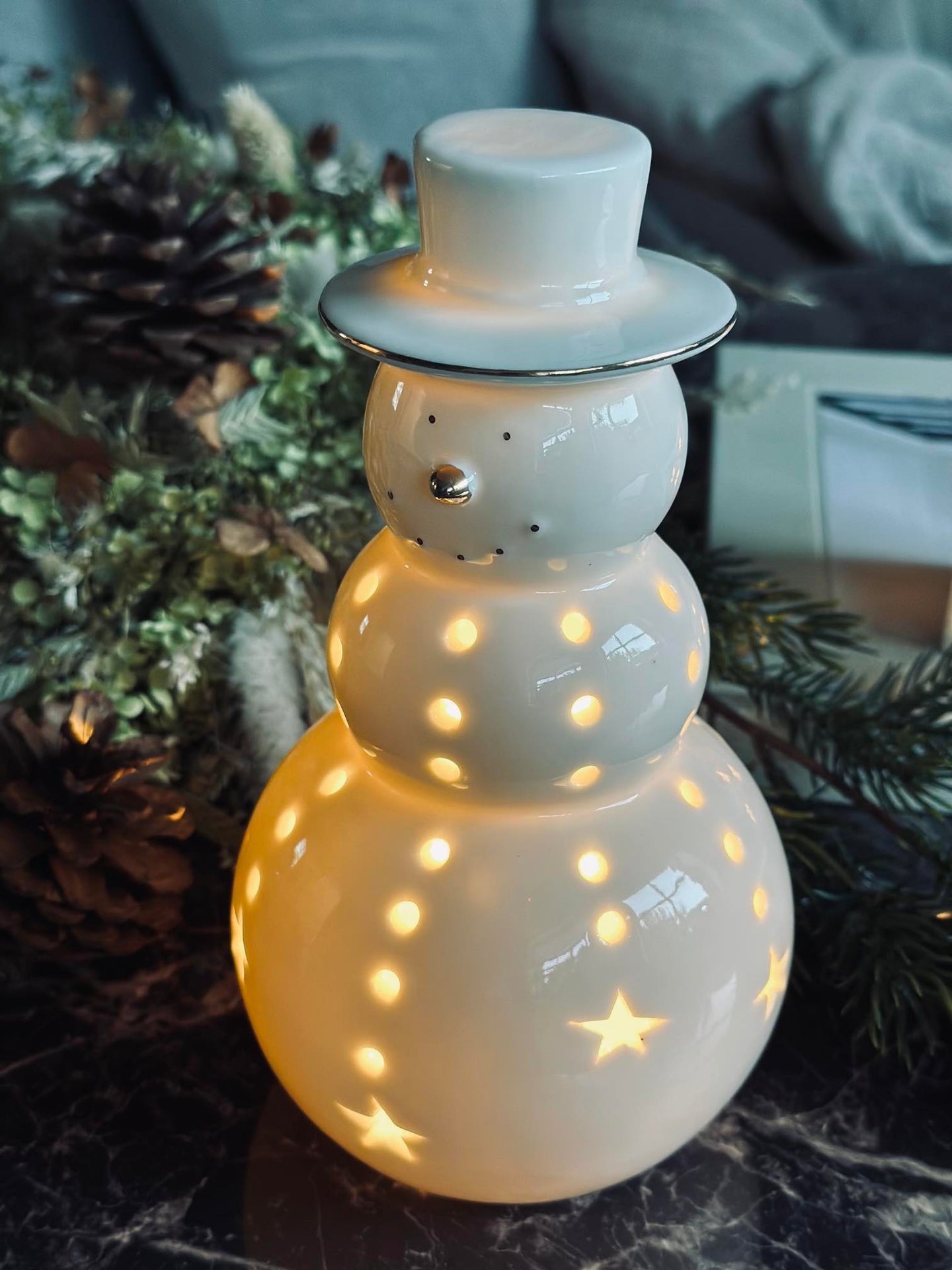 Schneemann mit LED-Licht - Porzellan