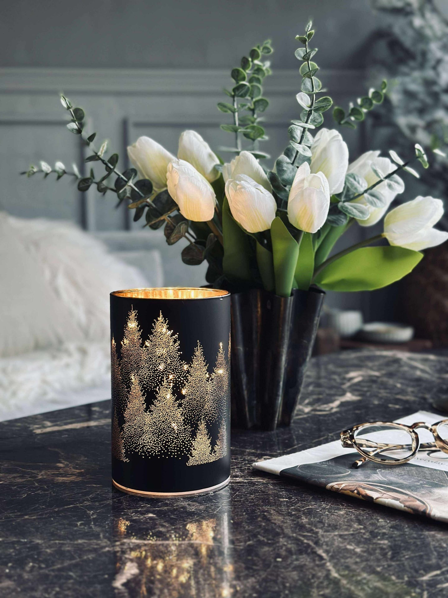 Laterne mit LED-Licht - Black / gold