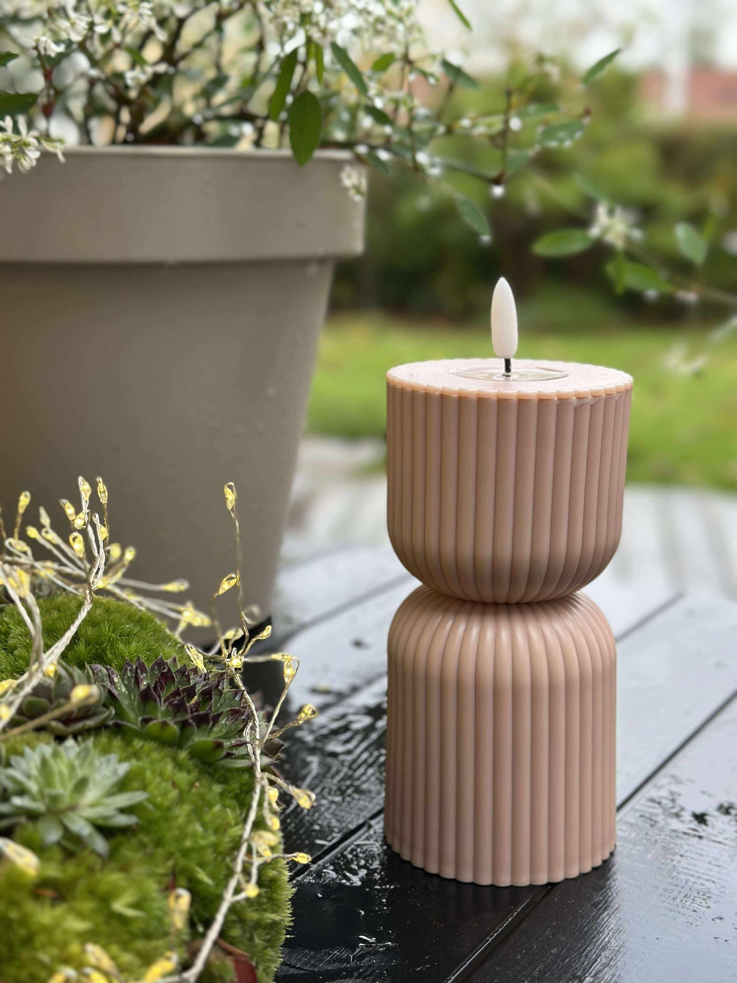 LED Blockkerze Beige Sanduhr - Außen