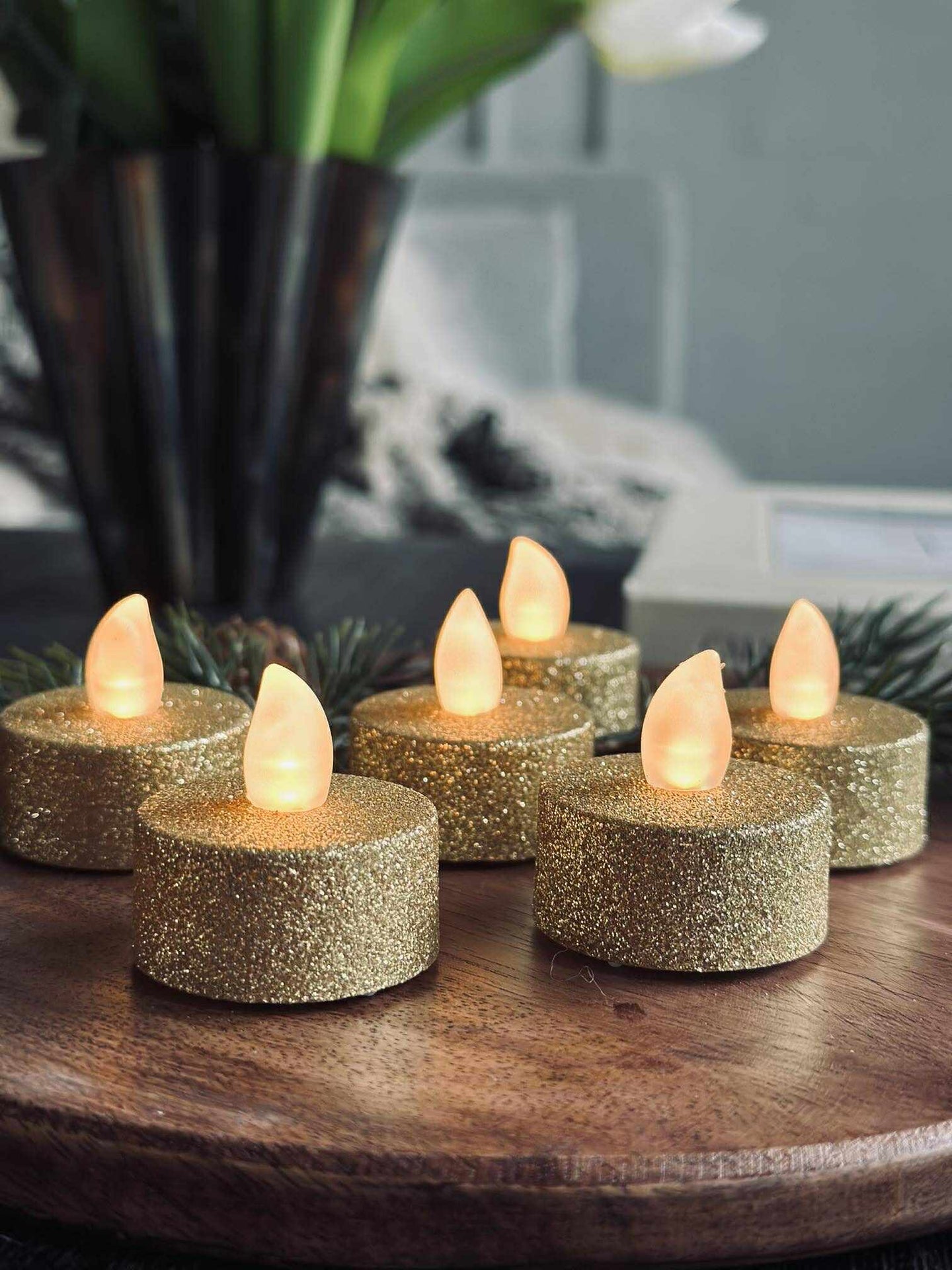 LED-Teelichter - Gold-Glitter 6 Stück