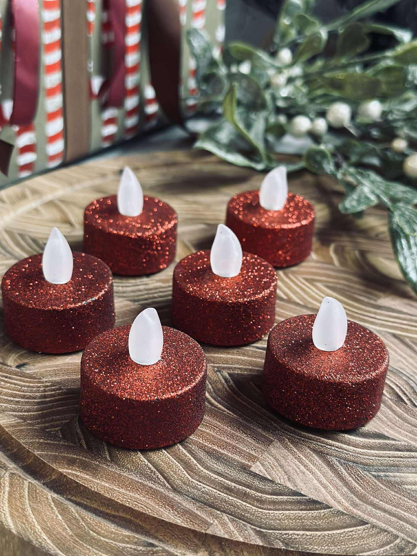 LED-Teelichter - Roter Glitzer 6 Stk.