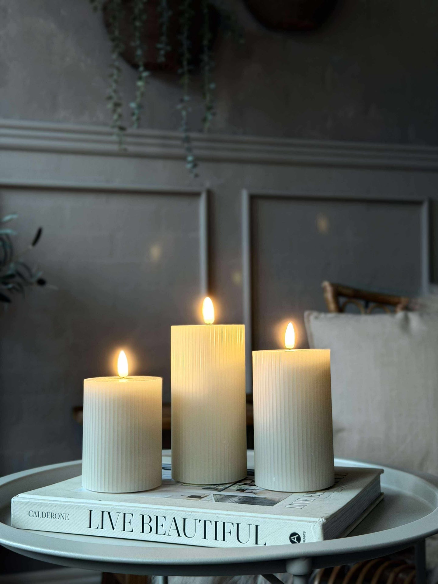 LED-Blockkerzen Mint mit Rillen - Set mit 3 Stk.