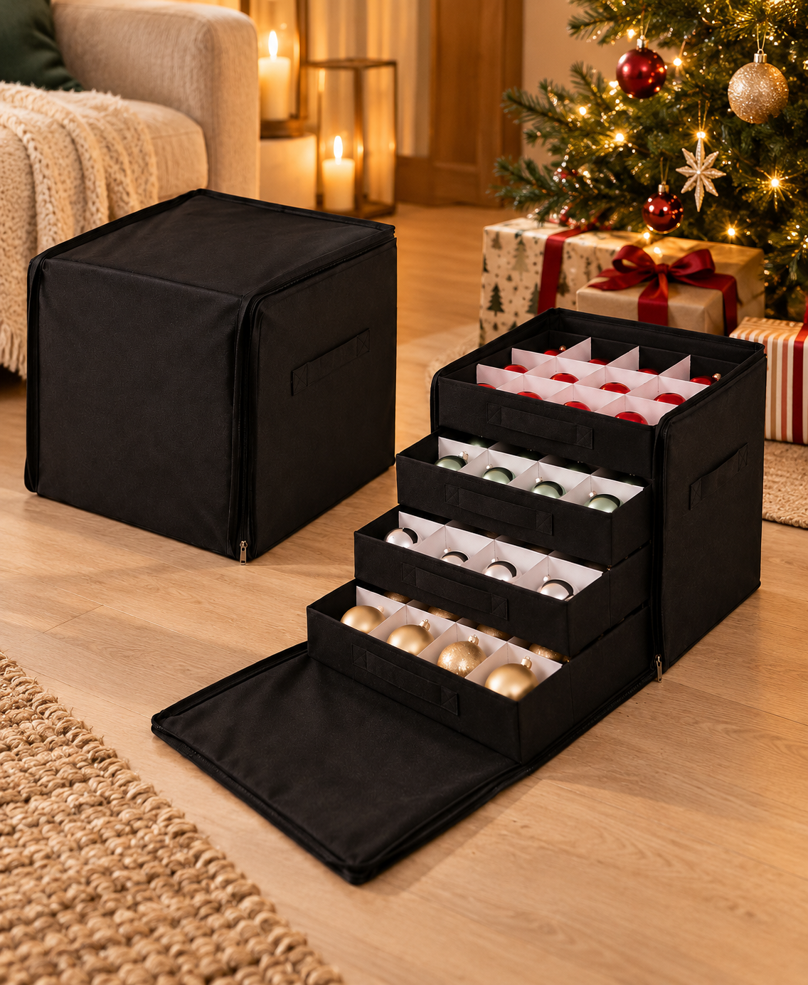 Aufbewahrungsbox mit unterteilten Schubladen – für Weihnachtskugeln