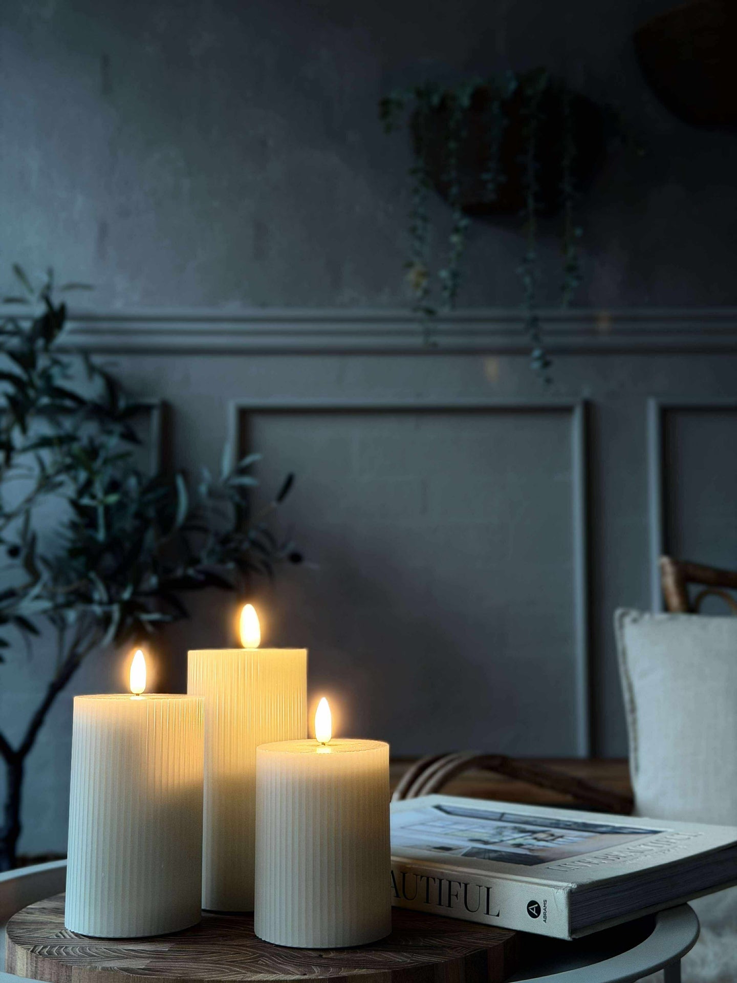 LED-Blockkerzen Mint mit Rillen - Set mit 3 Stk.
