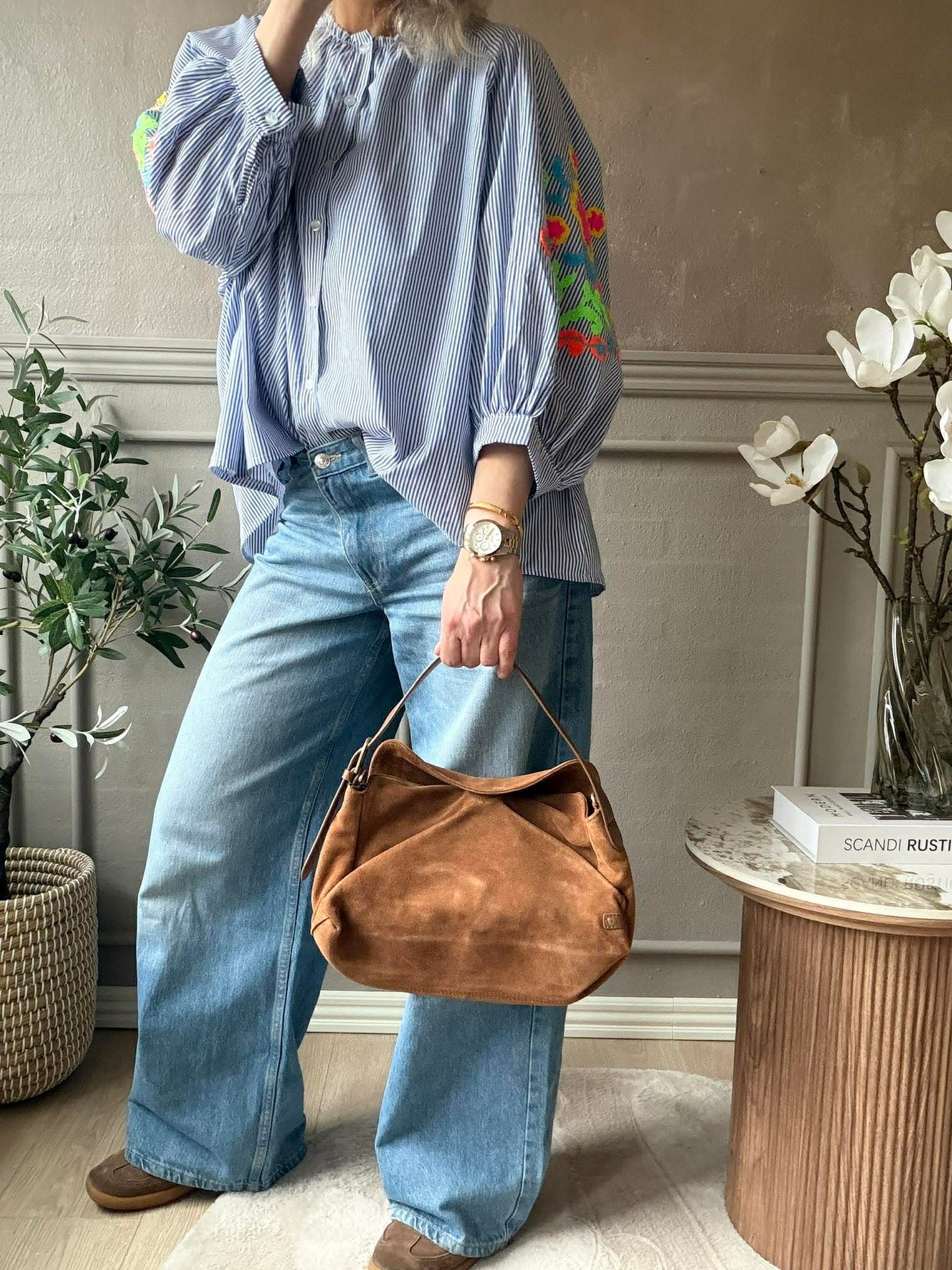 Wildleder-Handtasche Cognac