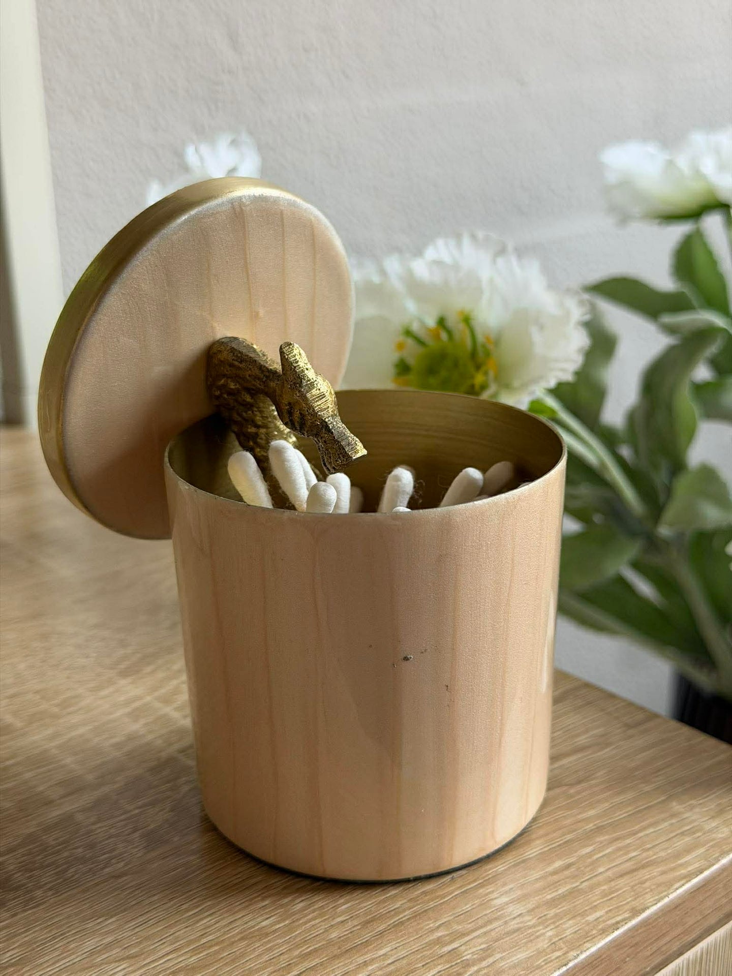 Dose mit Deckel – Beige mit Vogel in Gold