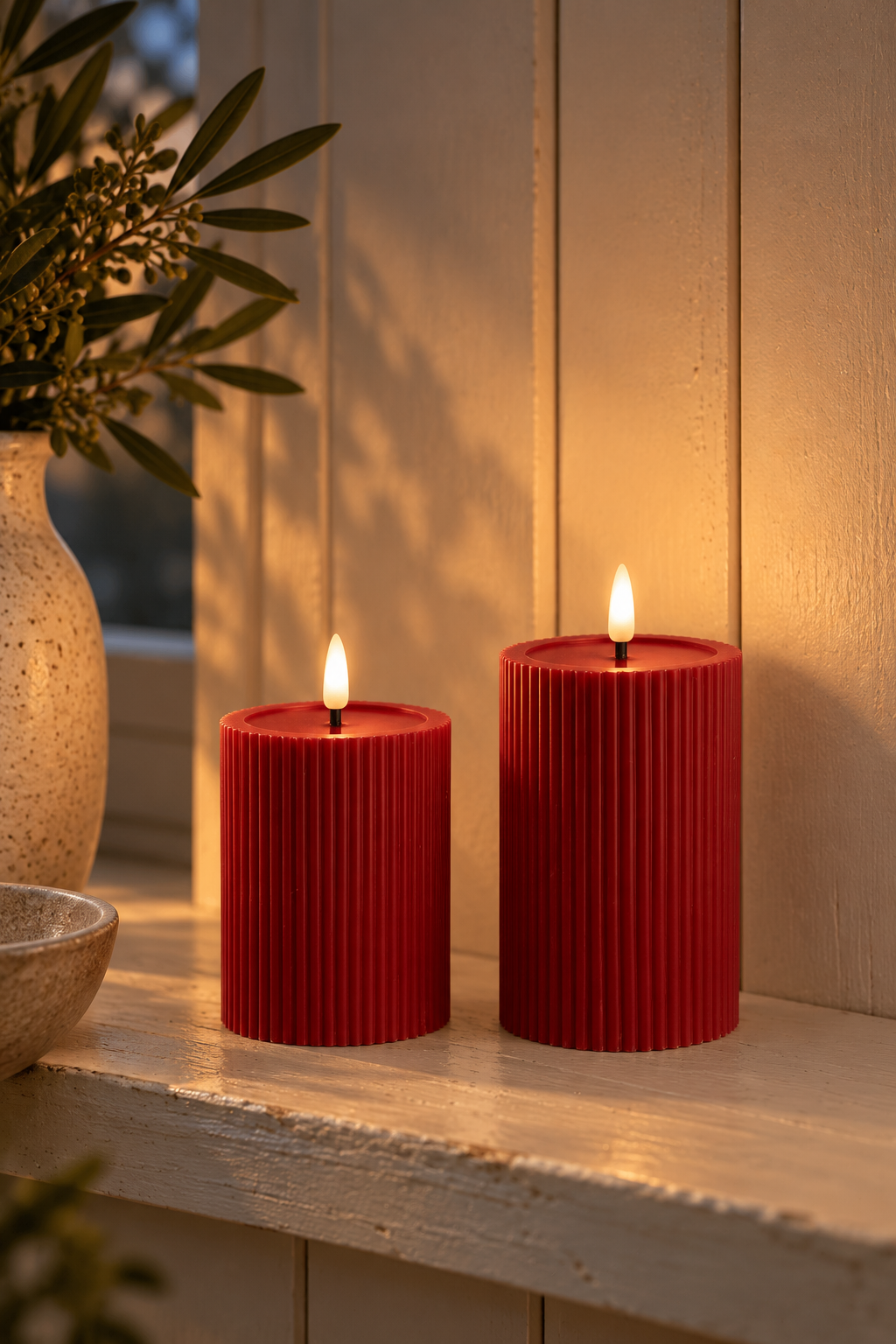 LED-Blockkerzen mit Rillen Rot - Set mit 2 Kerzen + Fernbedienung
