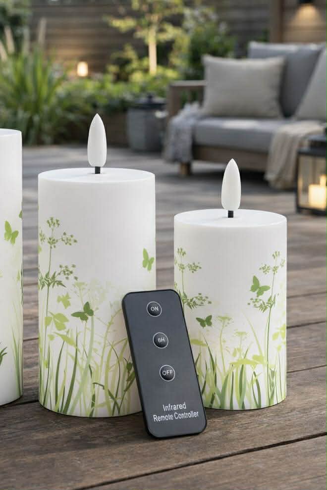 Außen-Blockkerzen Green Flower - Set mit 3 Stück