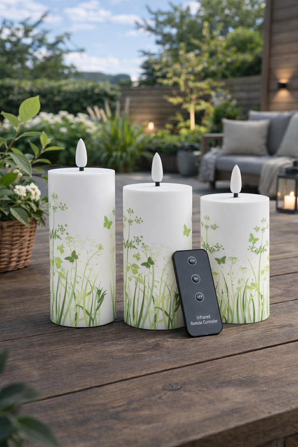 Außen-Blockkerzen Green Flower - Set mit 3 Stück