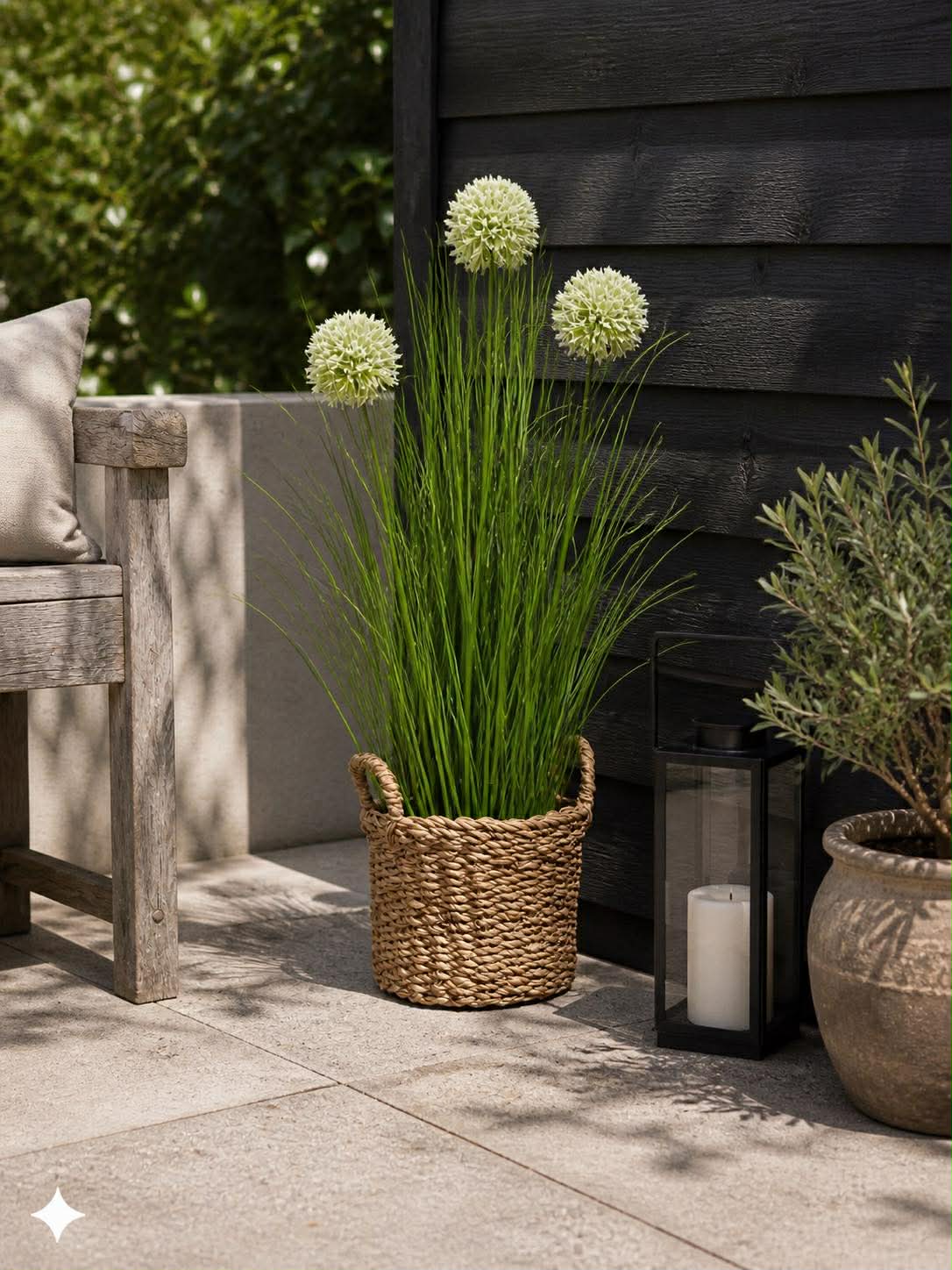 Gras und Alliumblumen im Topf