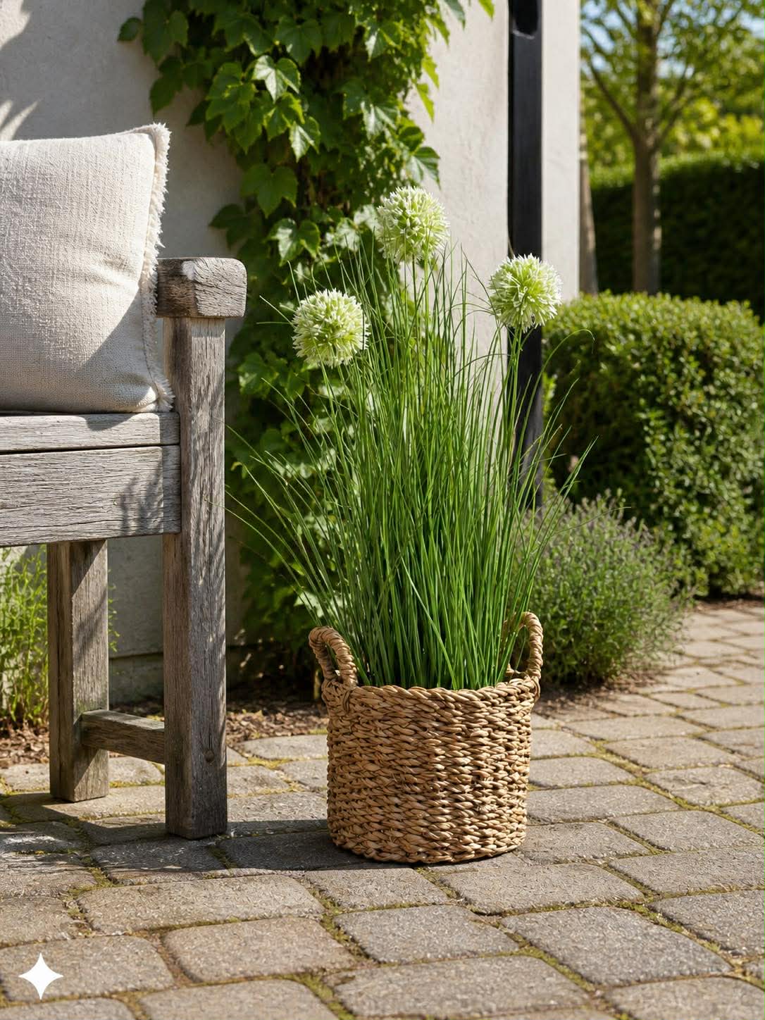 Gras und Alliumblumen im Topf