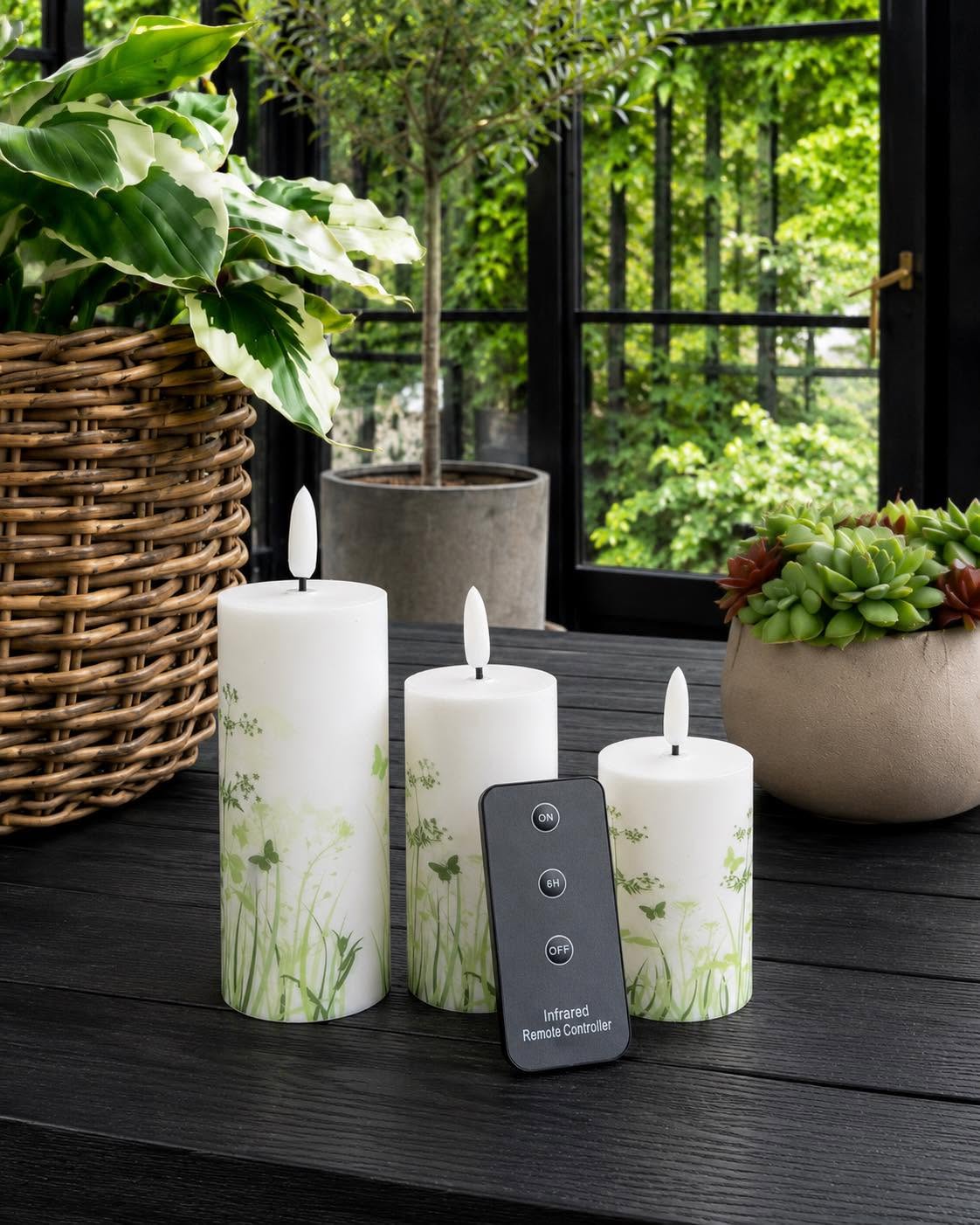 Außen-Blockkerzen Green Flower - Set mit 3 Stück