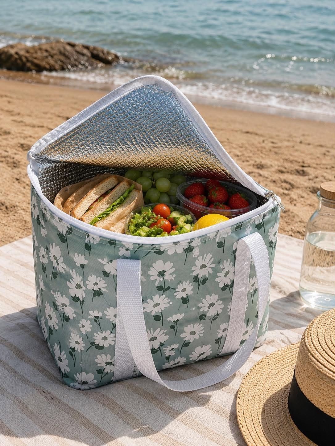 Kühltasche mit weißen Blumen - mehrere Größen