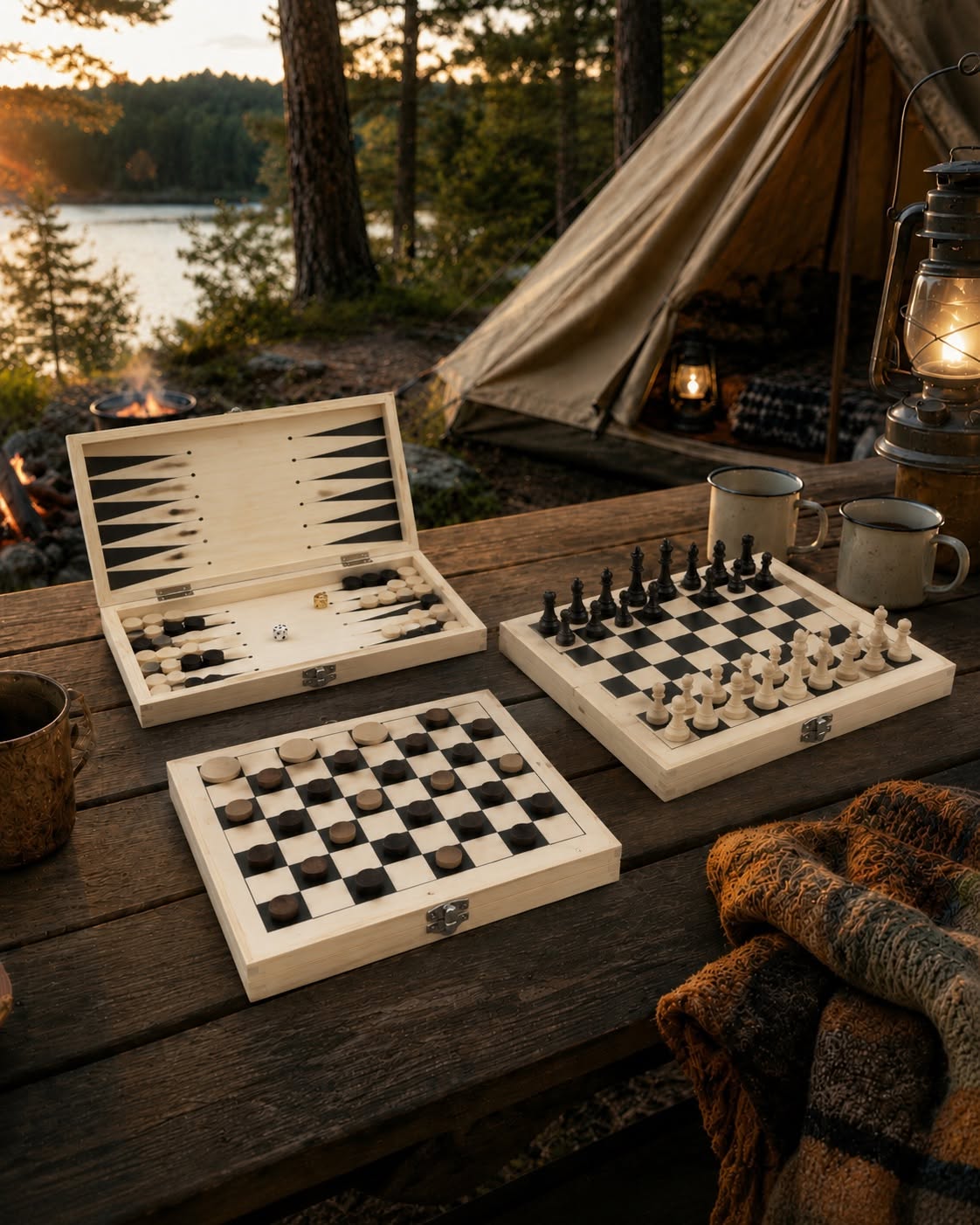 3-in-1-Brettspielset aus Holz
