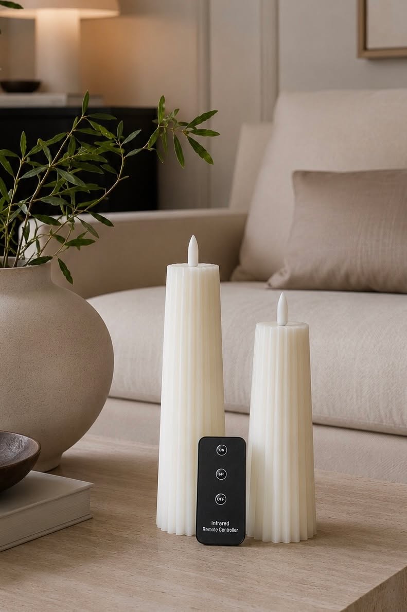 LED-Blockkerzen mit Rillen - Set aus 2 Stk. inkl. Fernbedienung