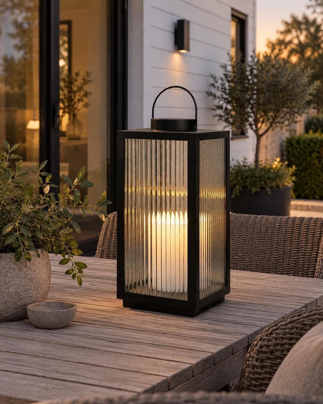 Laterne Nordic mit Blockkerze und Timer