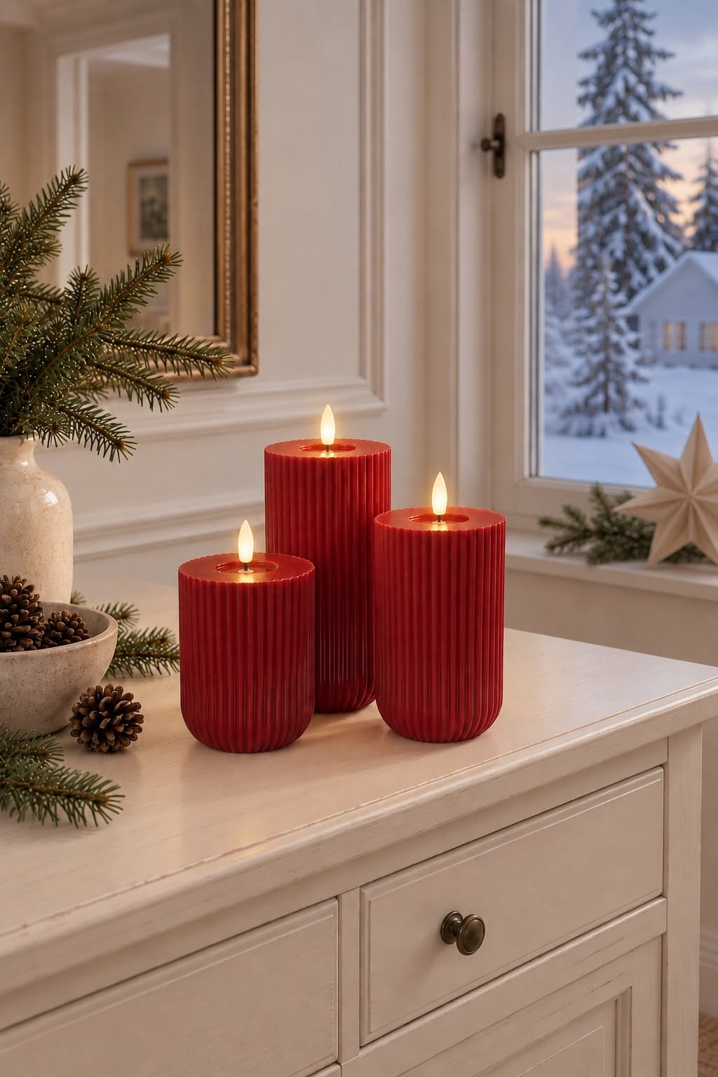 LED-Blockkerzen mit Rillen Rot - 3 Stk mit Fernbedienung