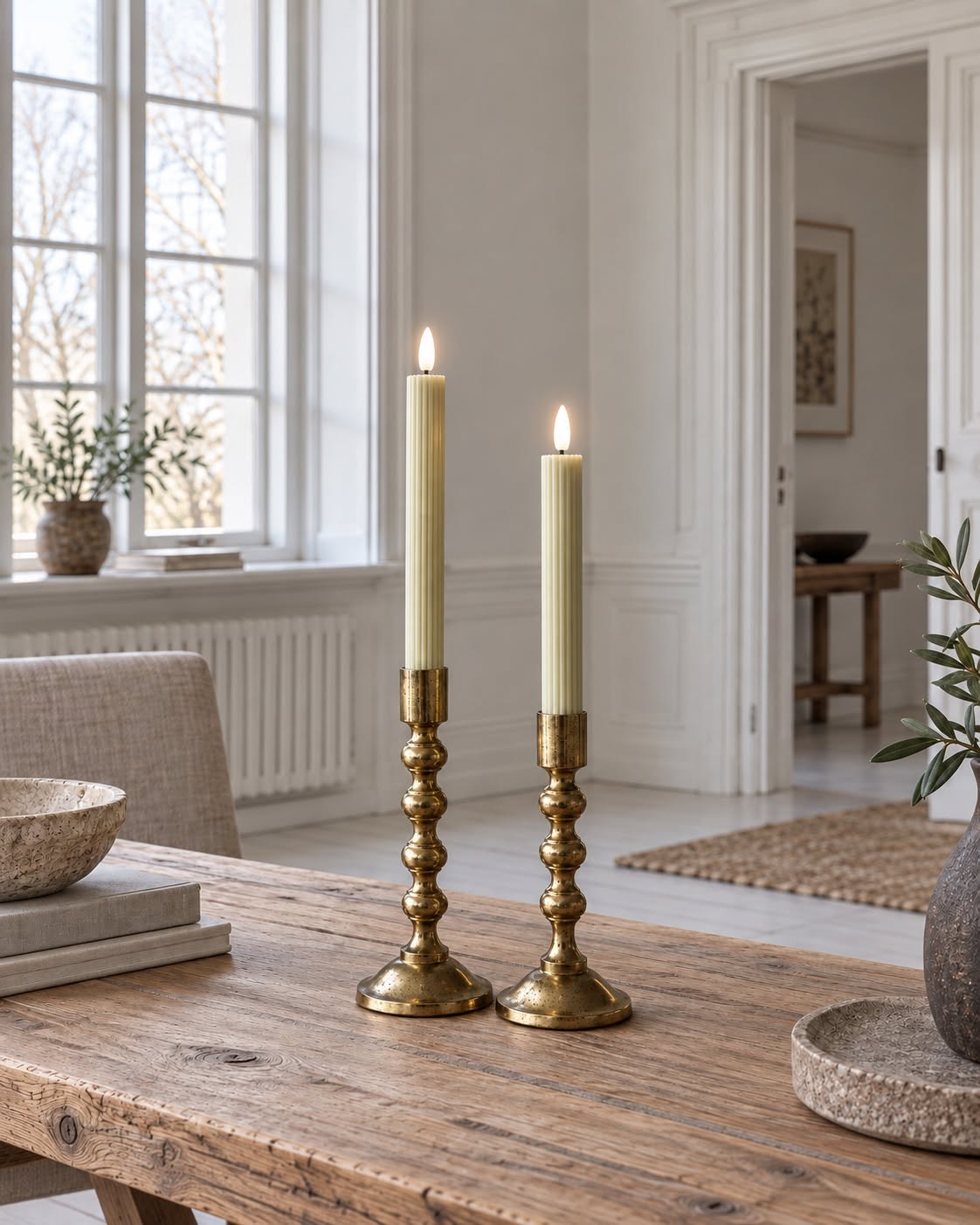 LED Stabkerzen Rillen und Fernbedienung - Sage green