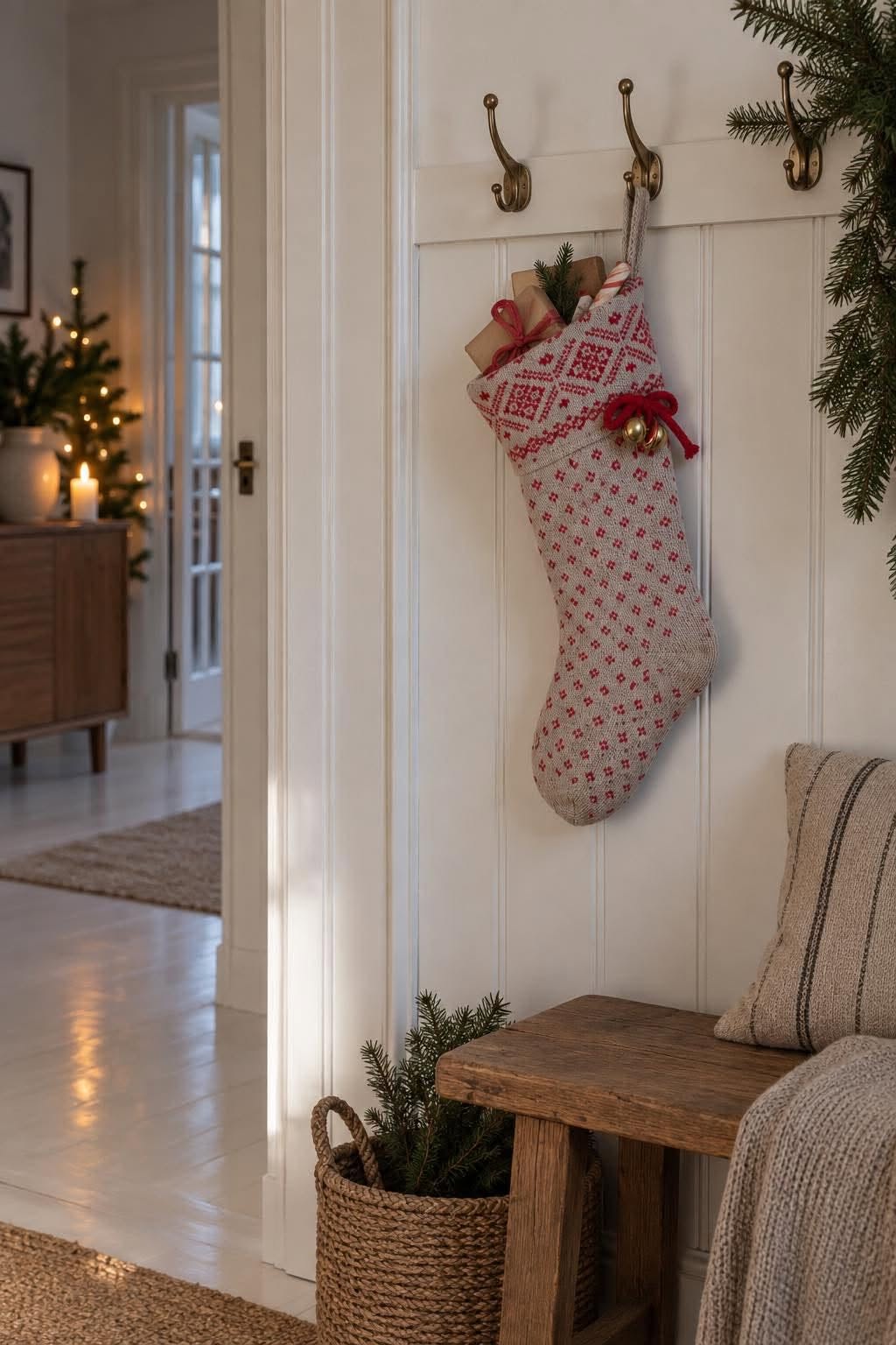 Weihnachtssocke gestrickt grau / rot
