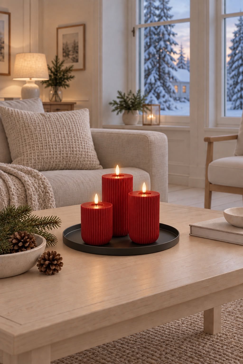 LED-Blockkerzen mit Rillen Rot - 3 Stk mit Fernbedienung