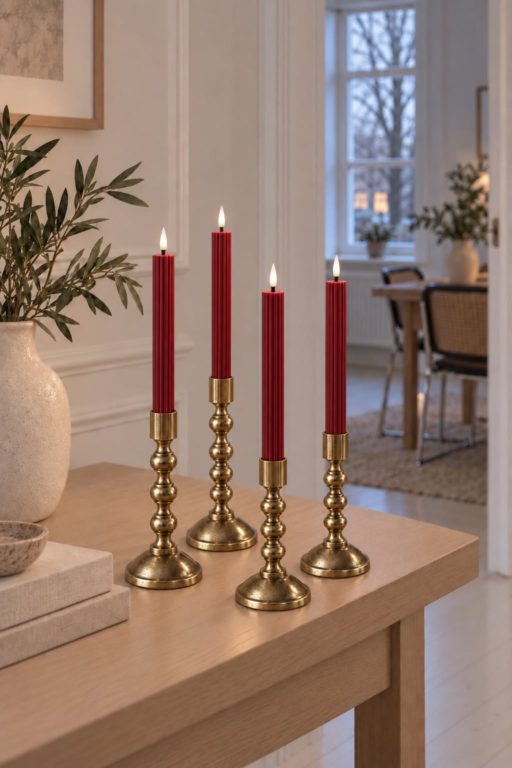 LED Stabkerzen Rillen und Fernbedienung - Rot 4 Stk