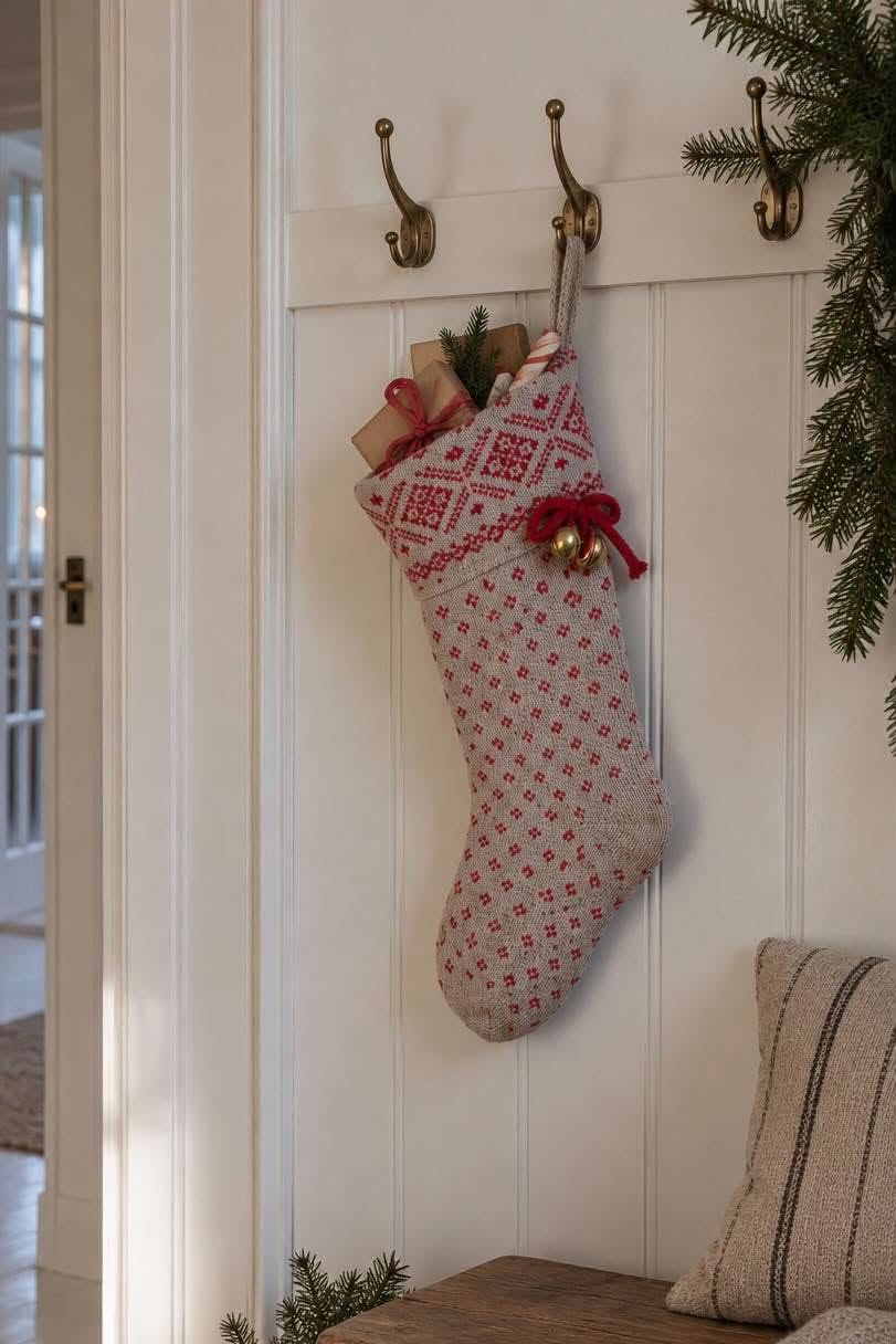 Weihnachtssocke gestrickt grau / rot