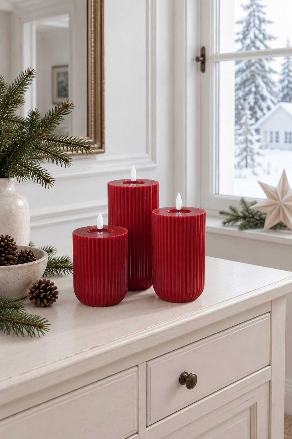 LED-Blockkerzen mit Rillen Rot - 3 Stk mit Fernbedienung