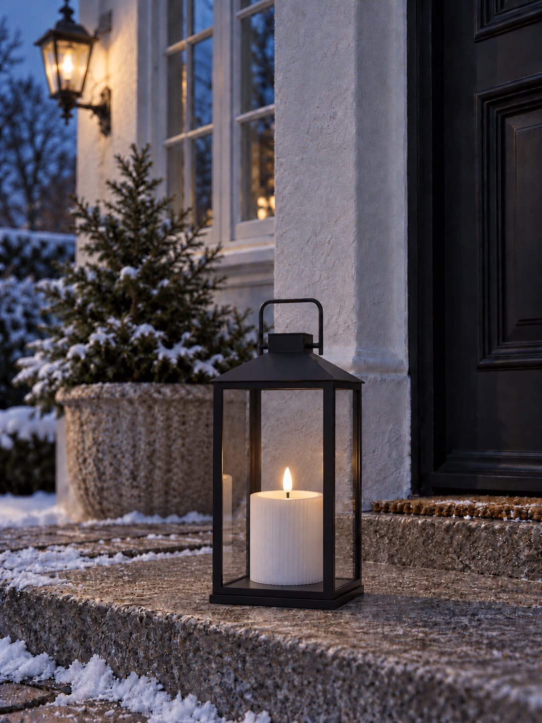 Outdoor LED-Blockkerze - Weiß mit Rillen 10 cm