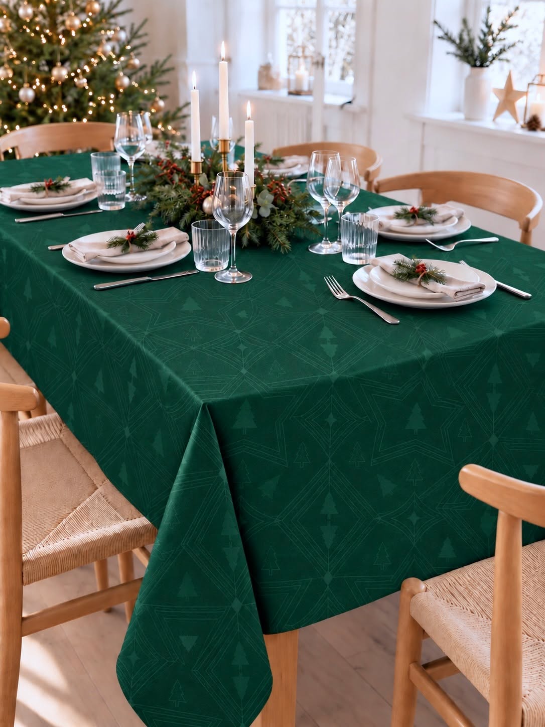 Weihnachtstischdecke Jacquard - Grün 320cm