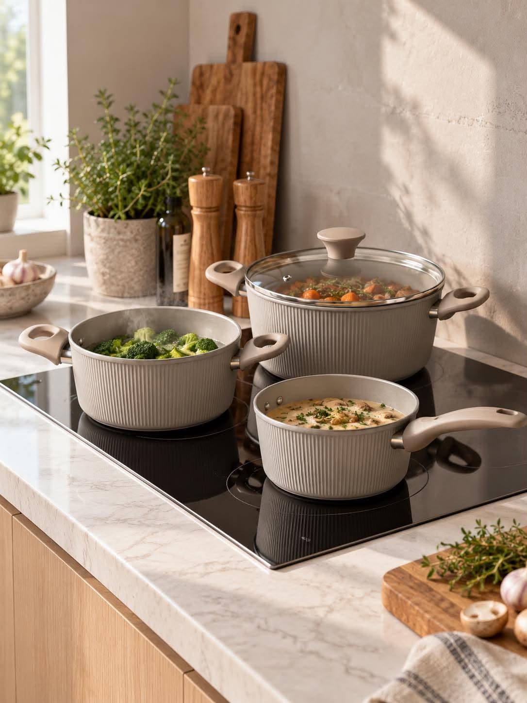 Grydesæt med låg - 3 pak med riller