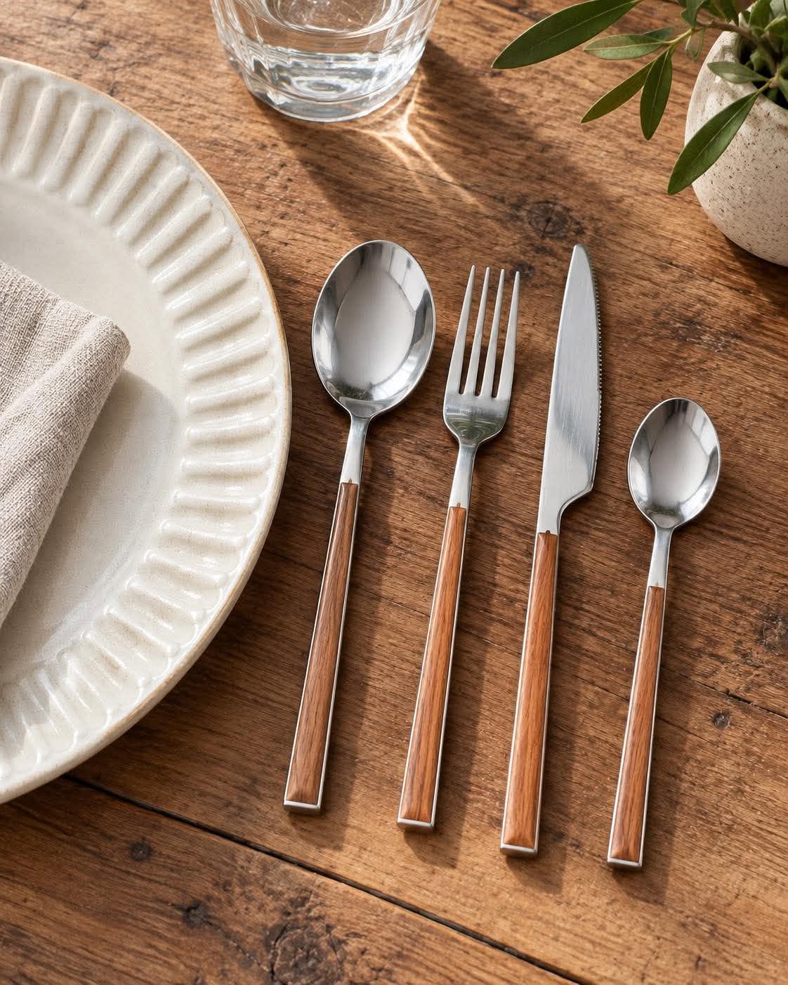 Besteck 16 Teile - Rostfreier Stahl und Holzoptik