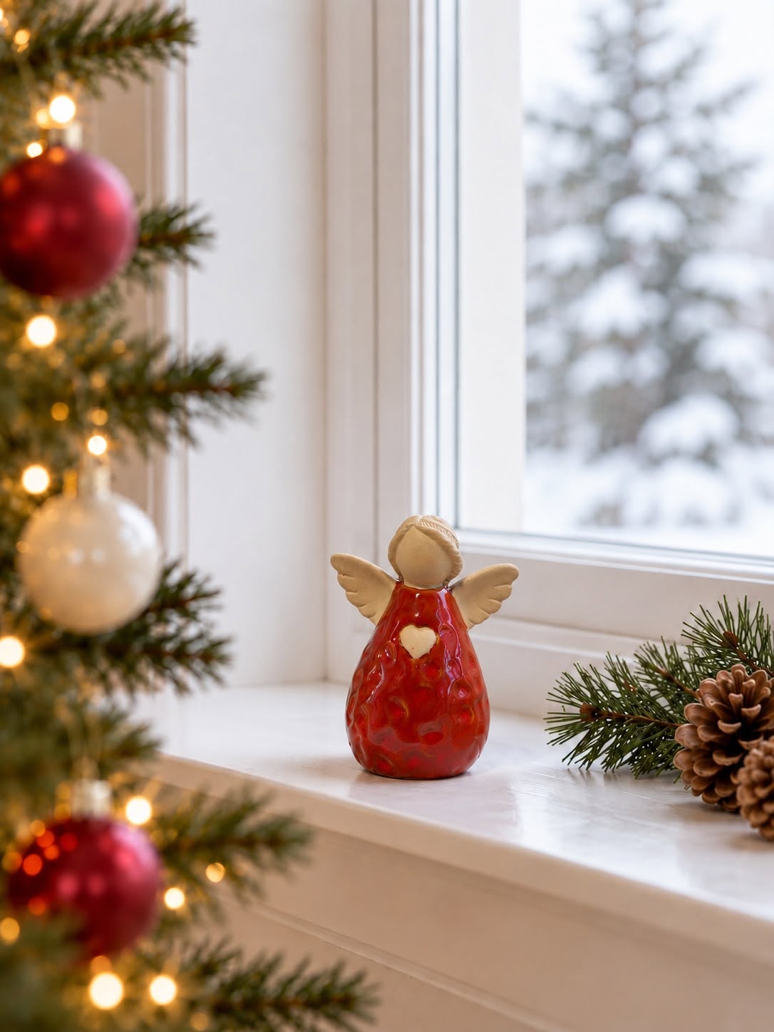 Engel aus Keramik – rot und beige