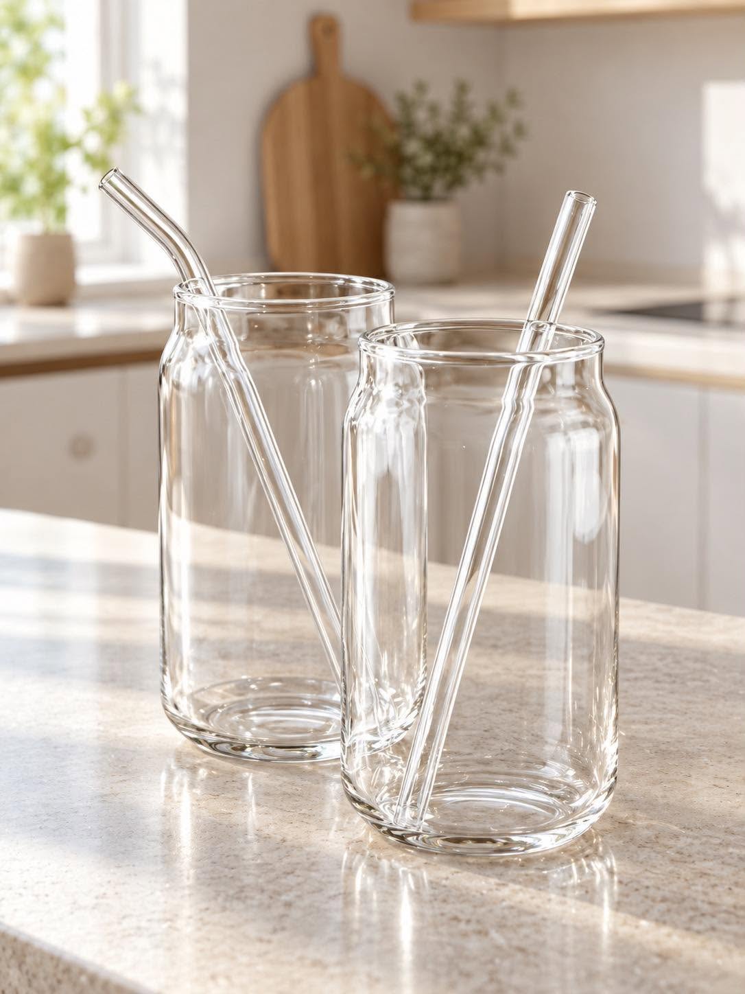 Set mit 2 Trinkgläsern mit Strohhalmen