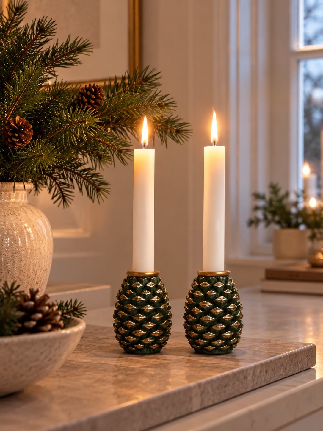 Kerzenständer-Set mit 2 Tannenzapfen - Grün/Gold