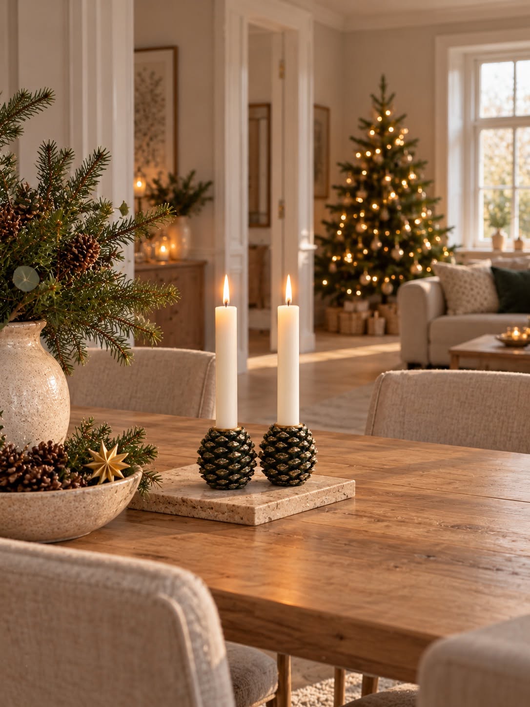 Kerzenständer-Set mit 2 Tannenzapfen - Grün/Gold