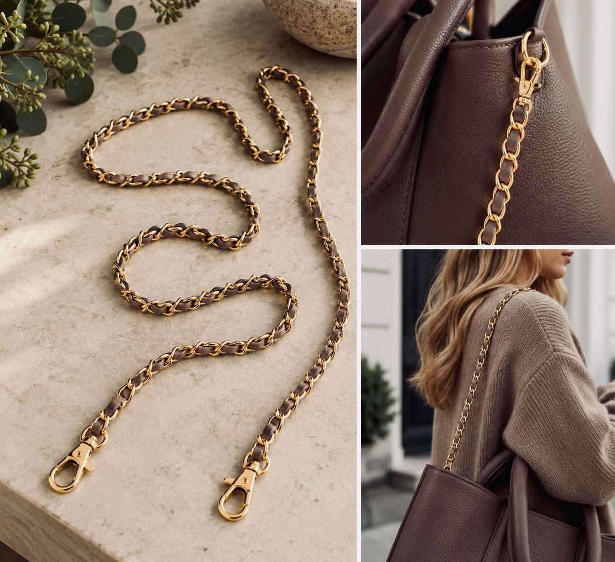 Taschengurt Kette mit Leder - Coffee 124cm – Braun/Gold
