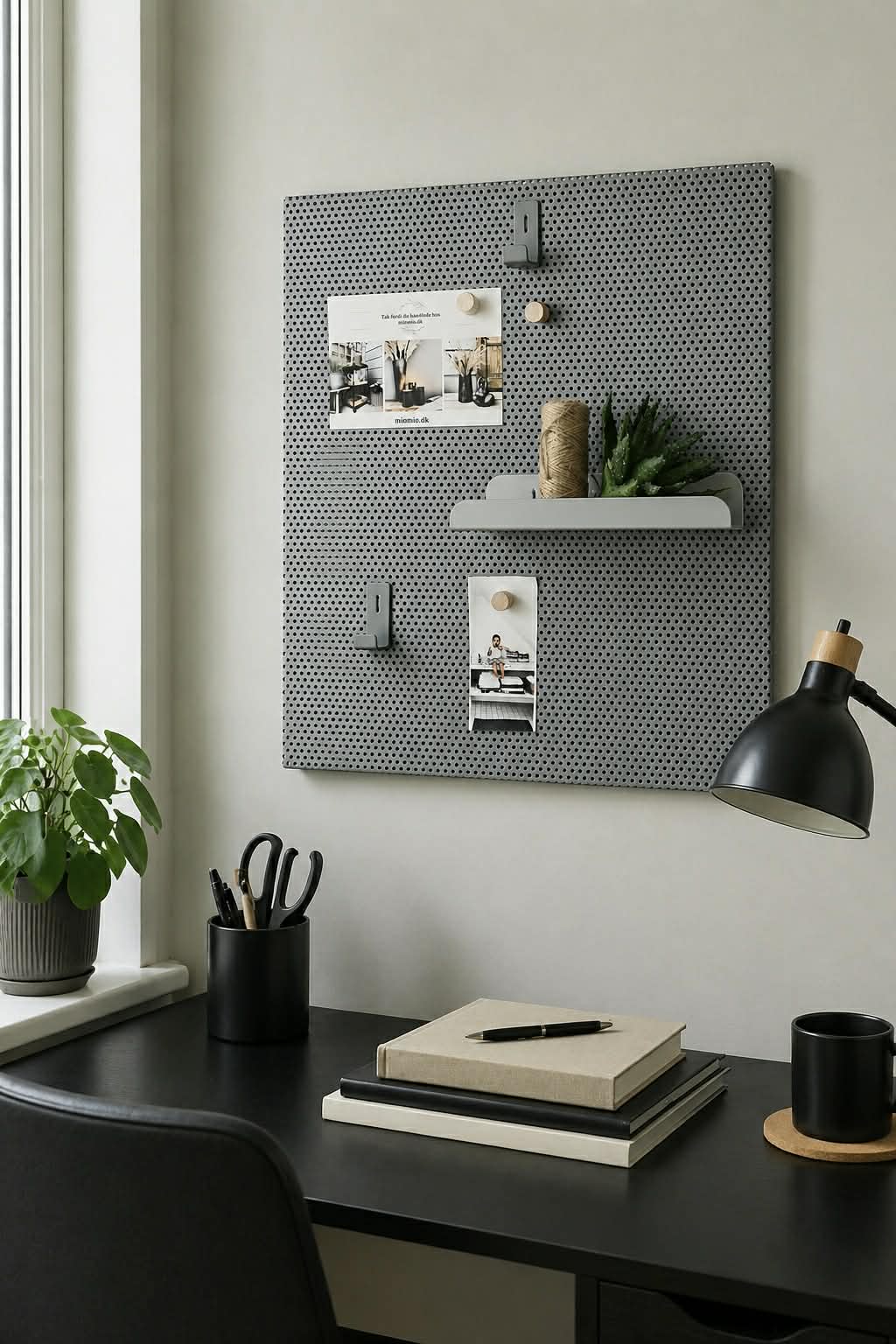 Pinnwand mit Regal, Haken und Magneten - Grau