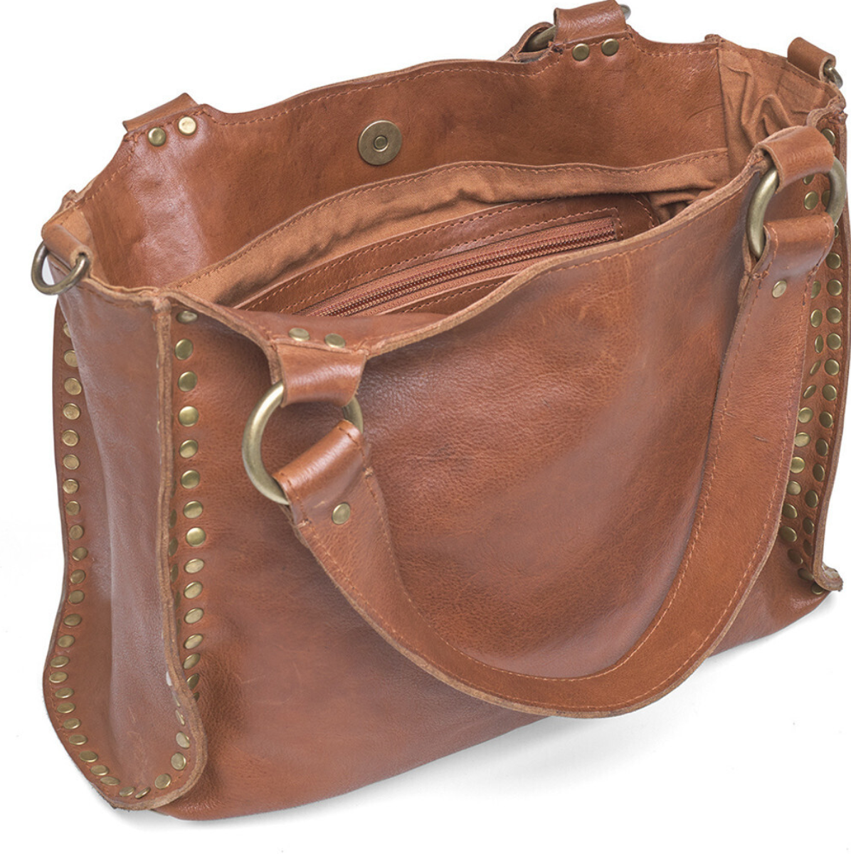 Arbeitstasche mit Nieten - Vintage Cognac