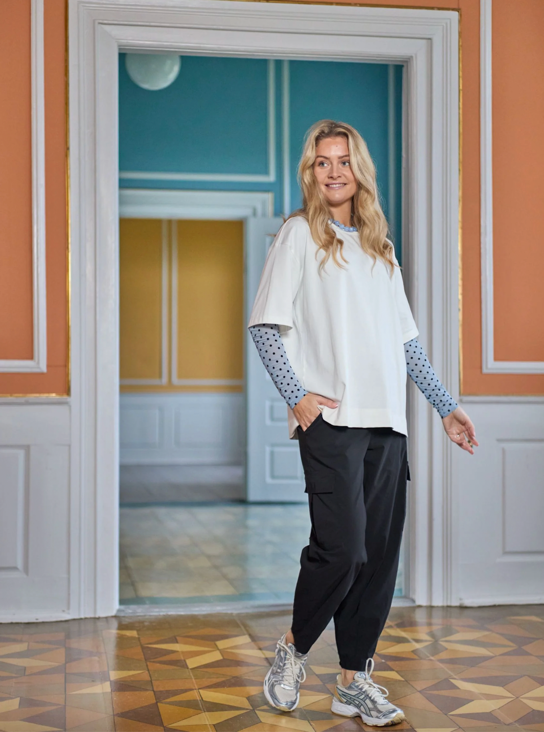 Gepunktete Meshbluse - Jeansblau