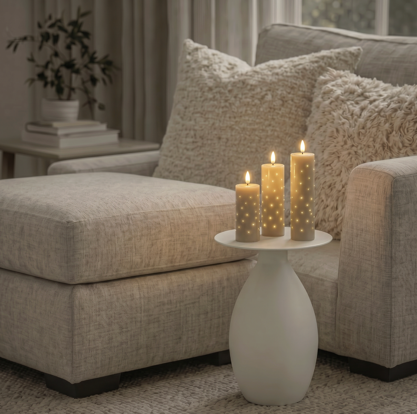 LED Blockkerzen TWINKLE beige - Set mit 3 Kerzen.