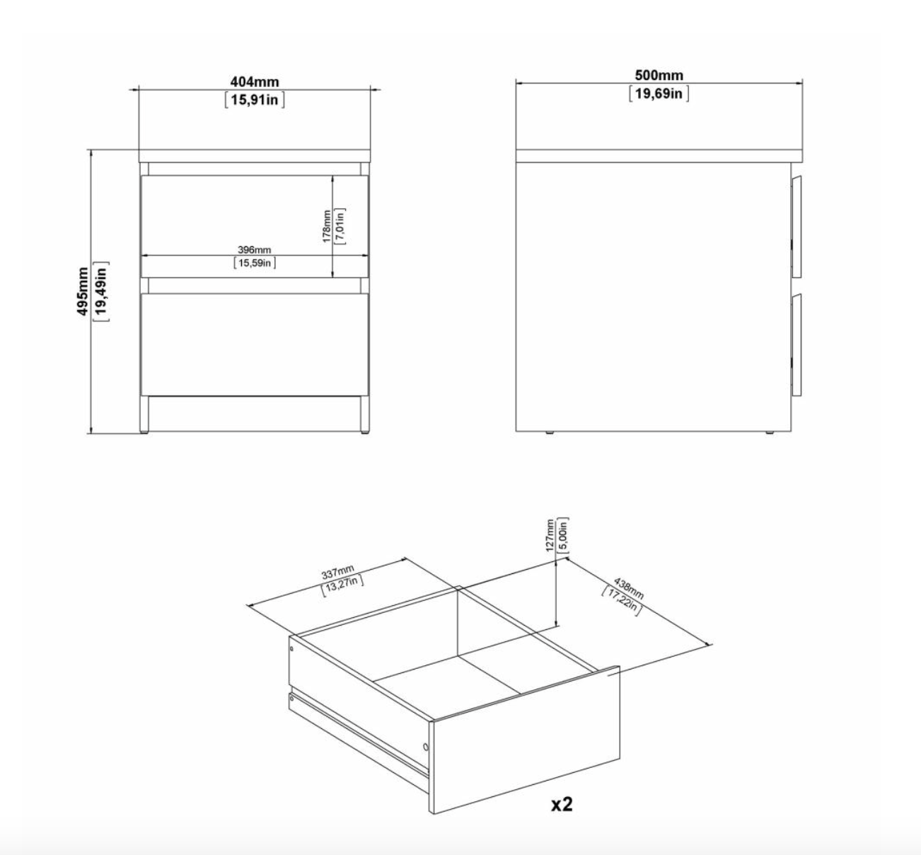 Nachttisch - Hickory / Cashmere mit 2 Schubladen