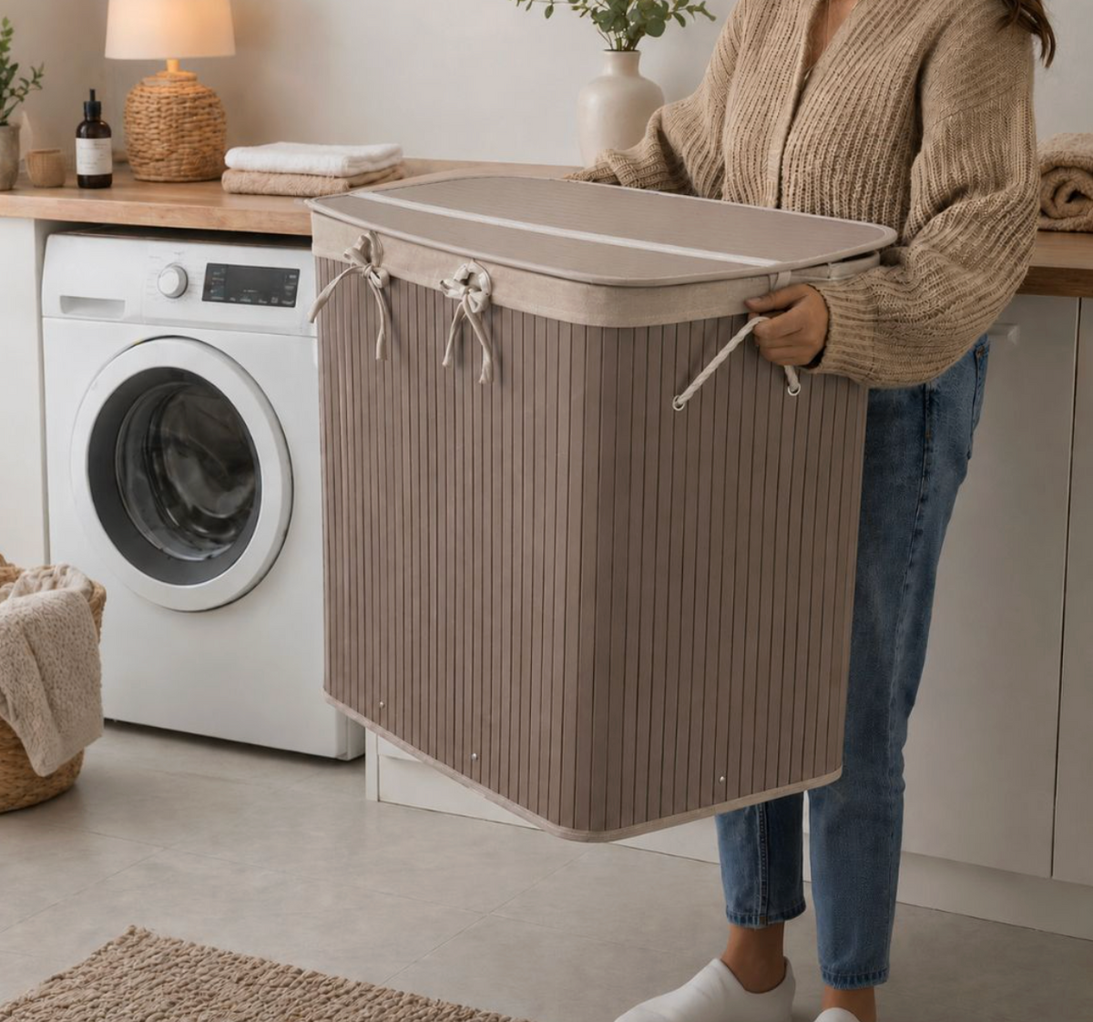 Wäschekorb Beige – Bambus mit drei Fächern