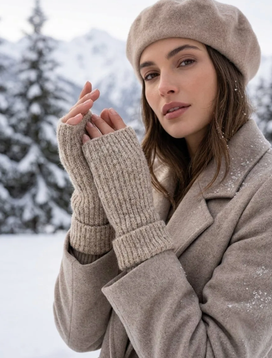 Fingerlose Handschuhe mit Wolle - Taupe