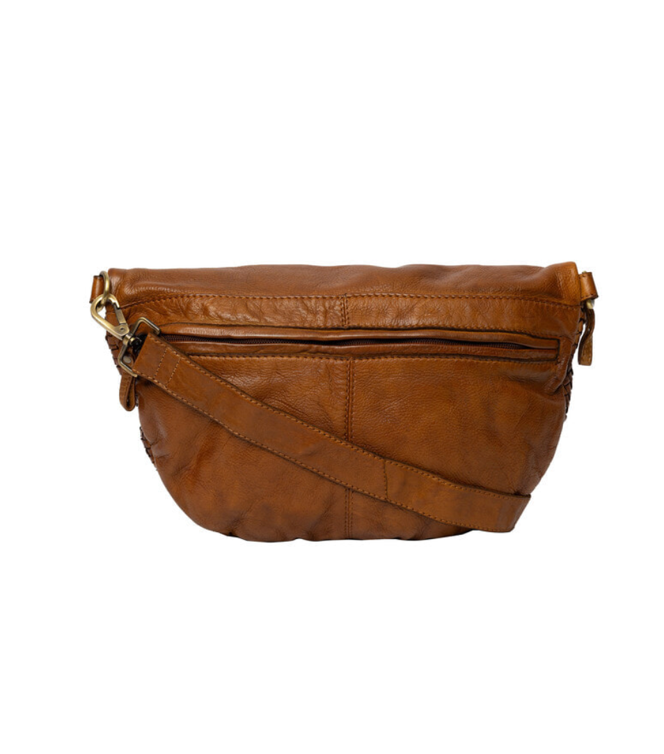 Bauchtasche JOMA mit Flecht-Optik und Nieten - Cognac
